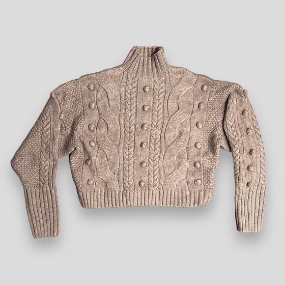Blank NYC Sweater WMNS XS Beige Crop Cable Knit Mock Neck Pom Pom Holiday 3D - Picture 2 of 13